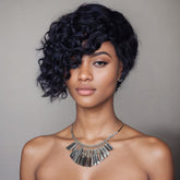 10'' Deep Wave Black Human Hair Asymmetrical Side Swoop Pixie Cut Wig